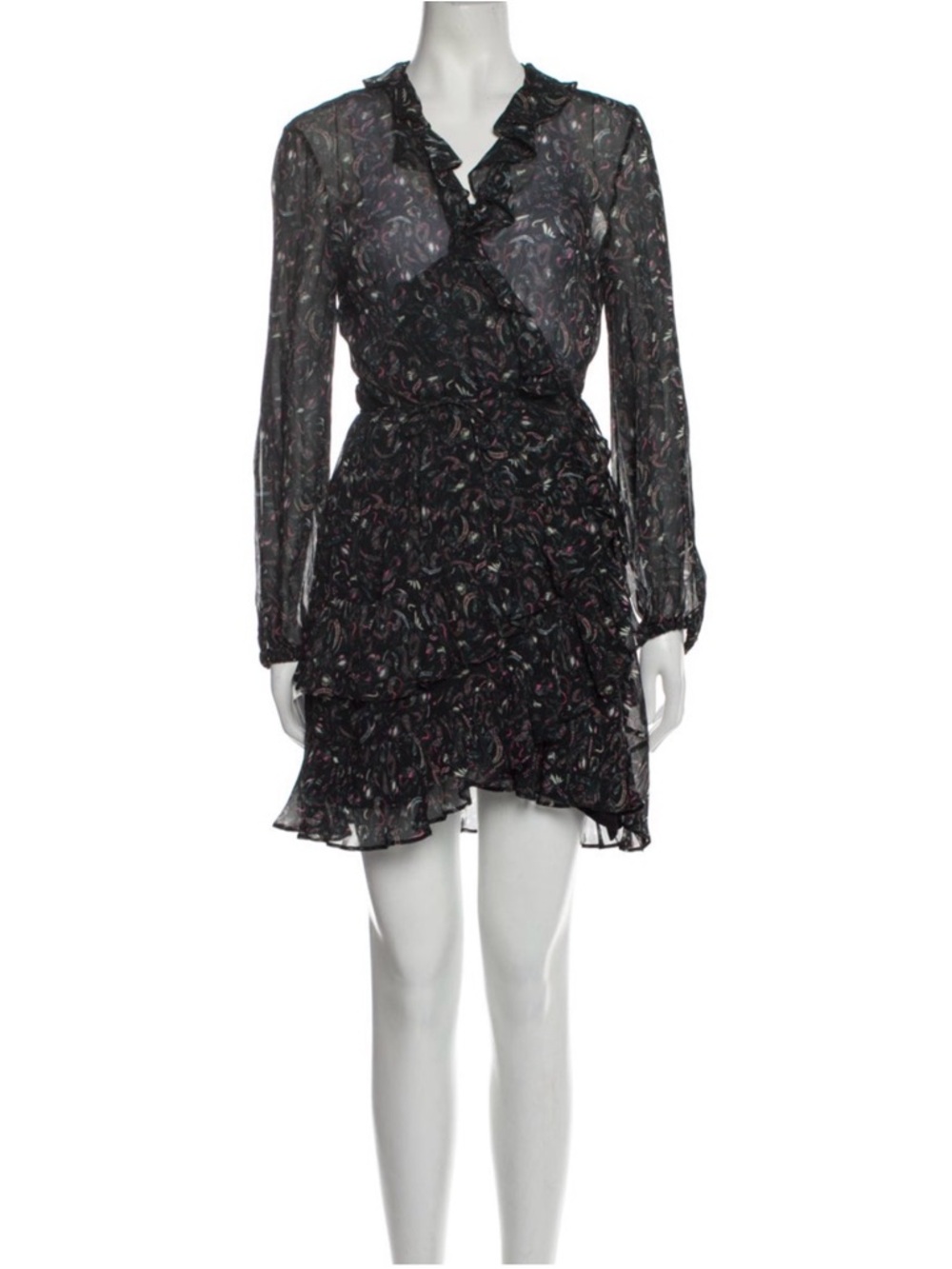 IRO Black Paisley Ruffle Wrap Mini Dress